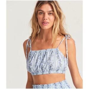 LoveShackFancy Simpson Floral Crop Top Bow Tie Blue White XS